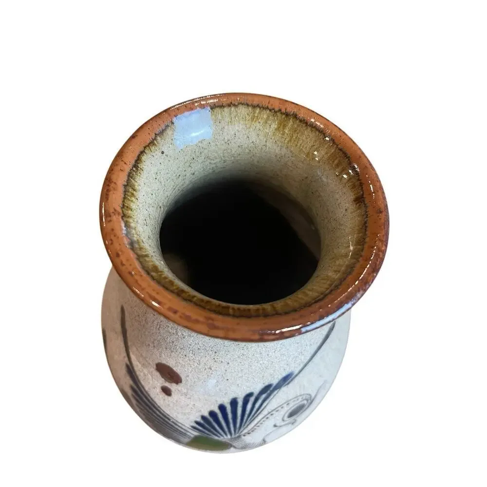 Mexican Tonala Vase Folk Art Stoneware Vase with Bird and Flower Detail